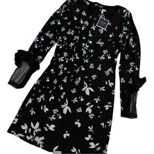 NWT Kaari Blue Floral Dress with Sheer Polka Dot Sleeve Detail